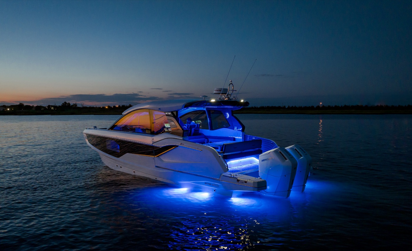 375 GTO at dusk with blue underwater lights