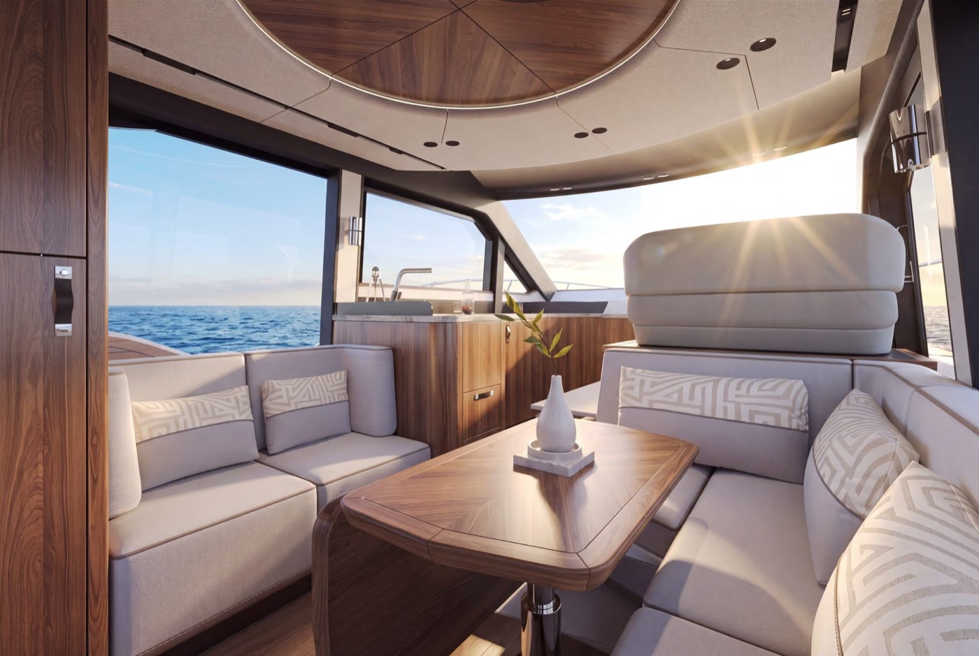 420 FLY main-deck saloon dinette and open galley