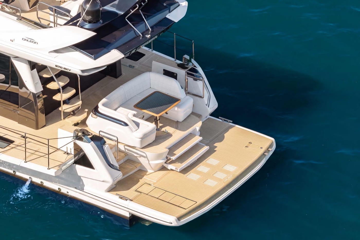 Aerial view of the 570 SKY aft cockpit and swim platform