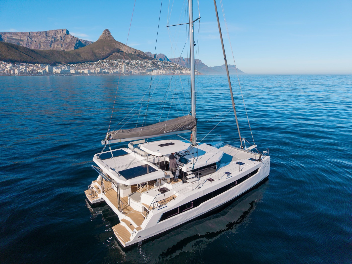 Leopard 43 at anchor, with Cape Town’s Table Mountain beyond