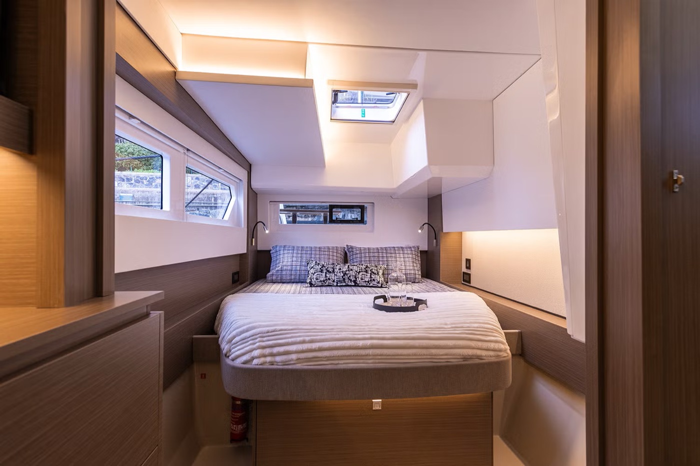 Leopard 46 owner's suite vanity desk with view to the berth
