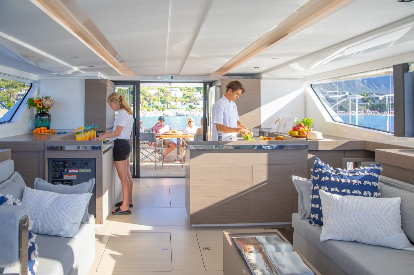 46PC salon and galley opening onto the aft cockpit
