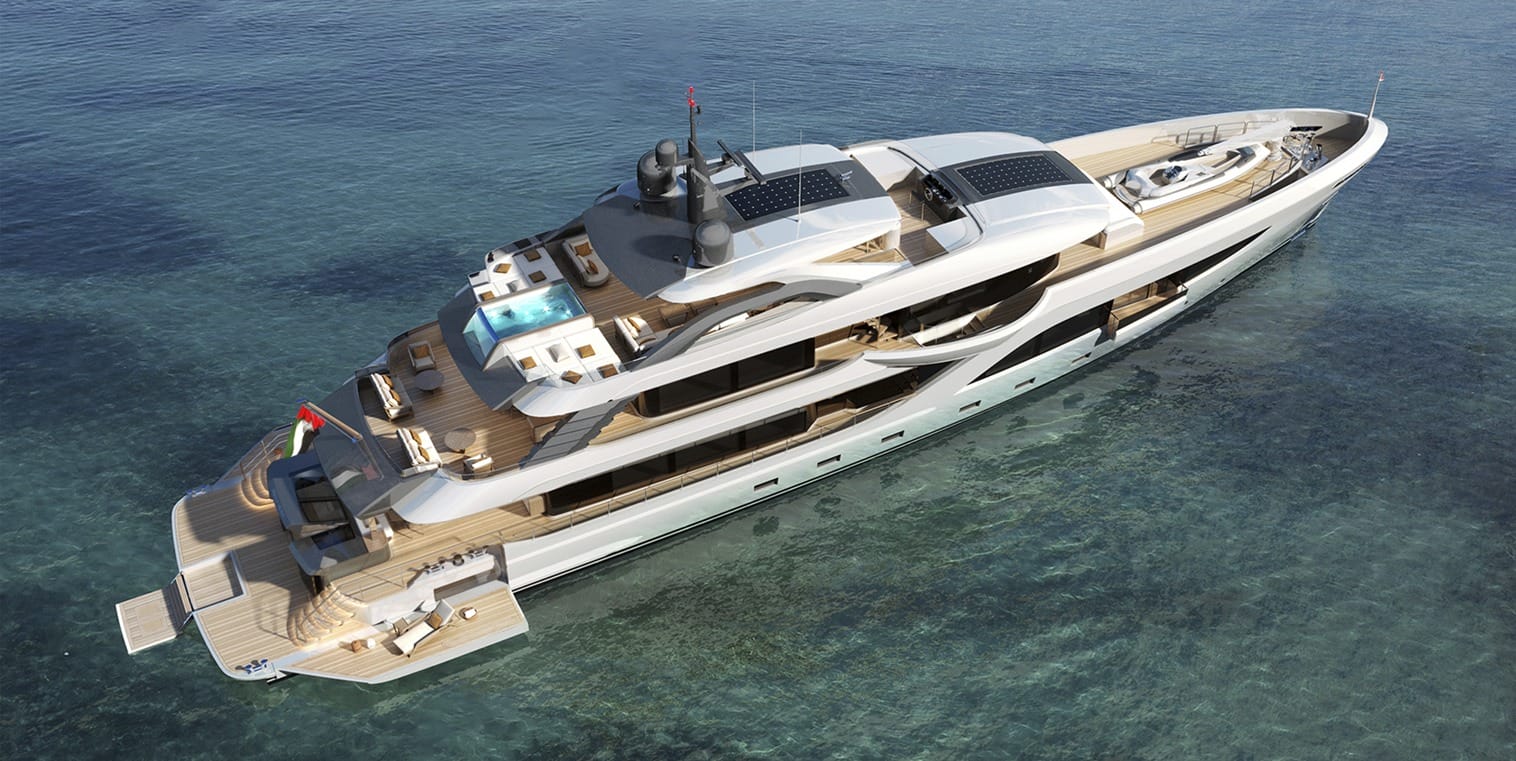 Aerial view of the Majesty 160 sun deck and infinity pool