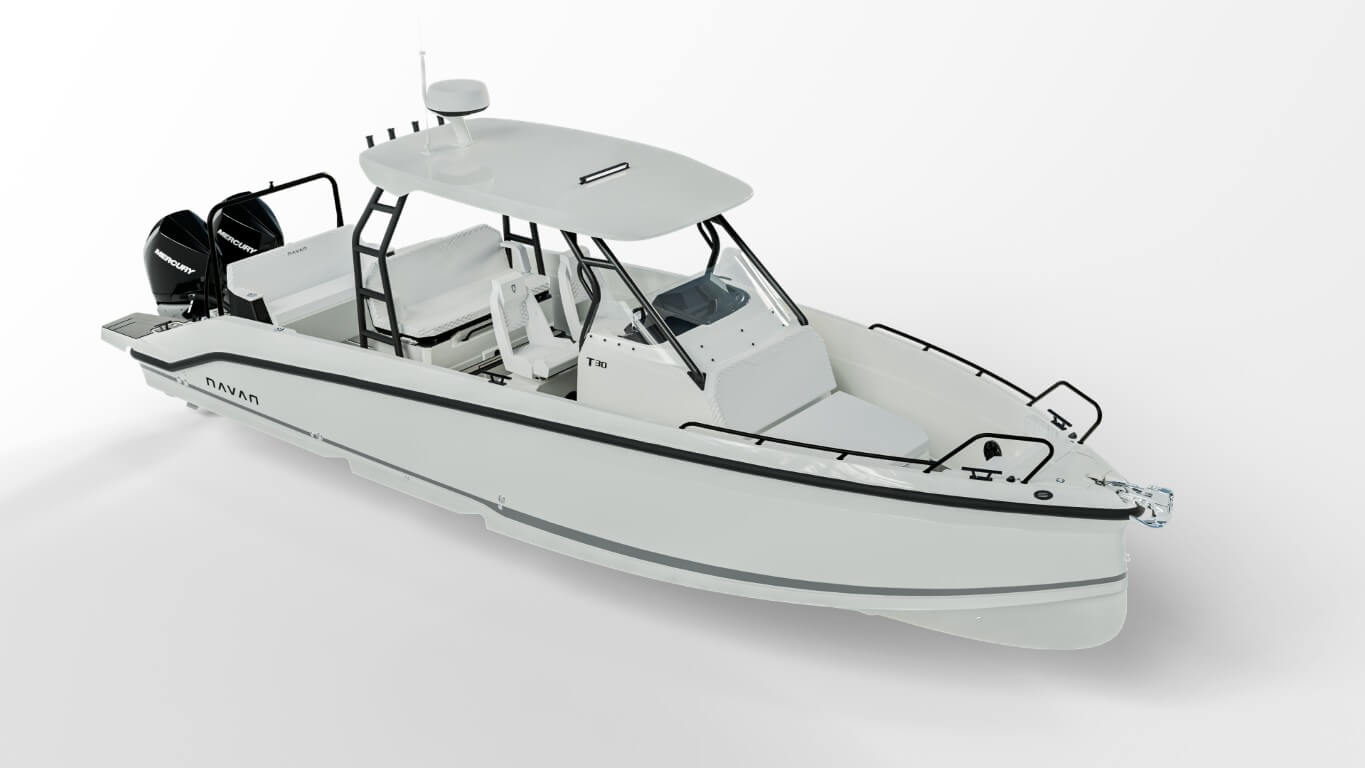 Navan S30 stern-quarter view underway with twin white Mercury outboards