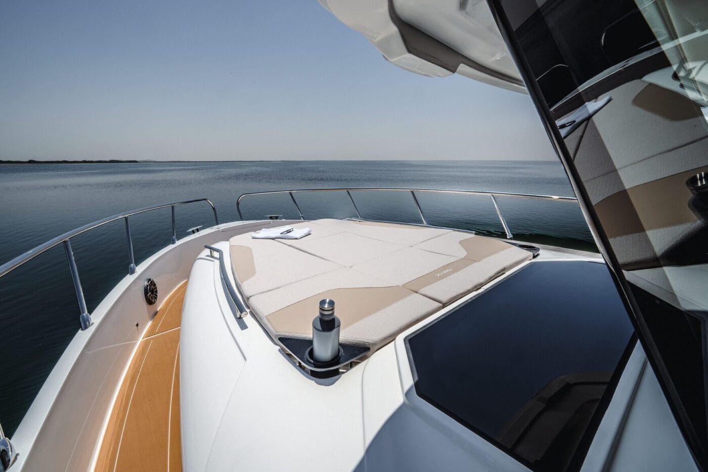 37LX foredeck sunpad, looking forward from the enclosed cockpit