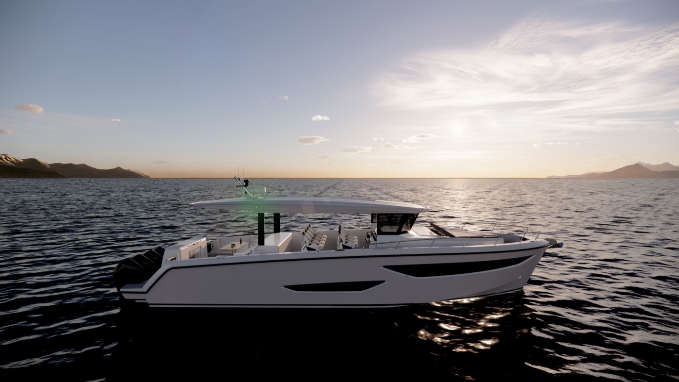 Aerial view of the Oryx 47FX open deck underway