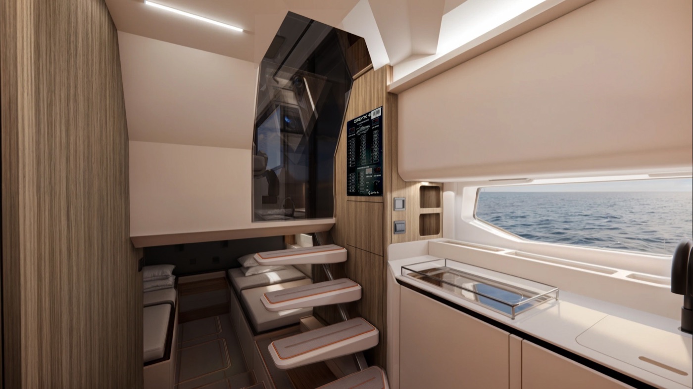 47FX forward cabin double berth with sea-view hull windows
