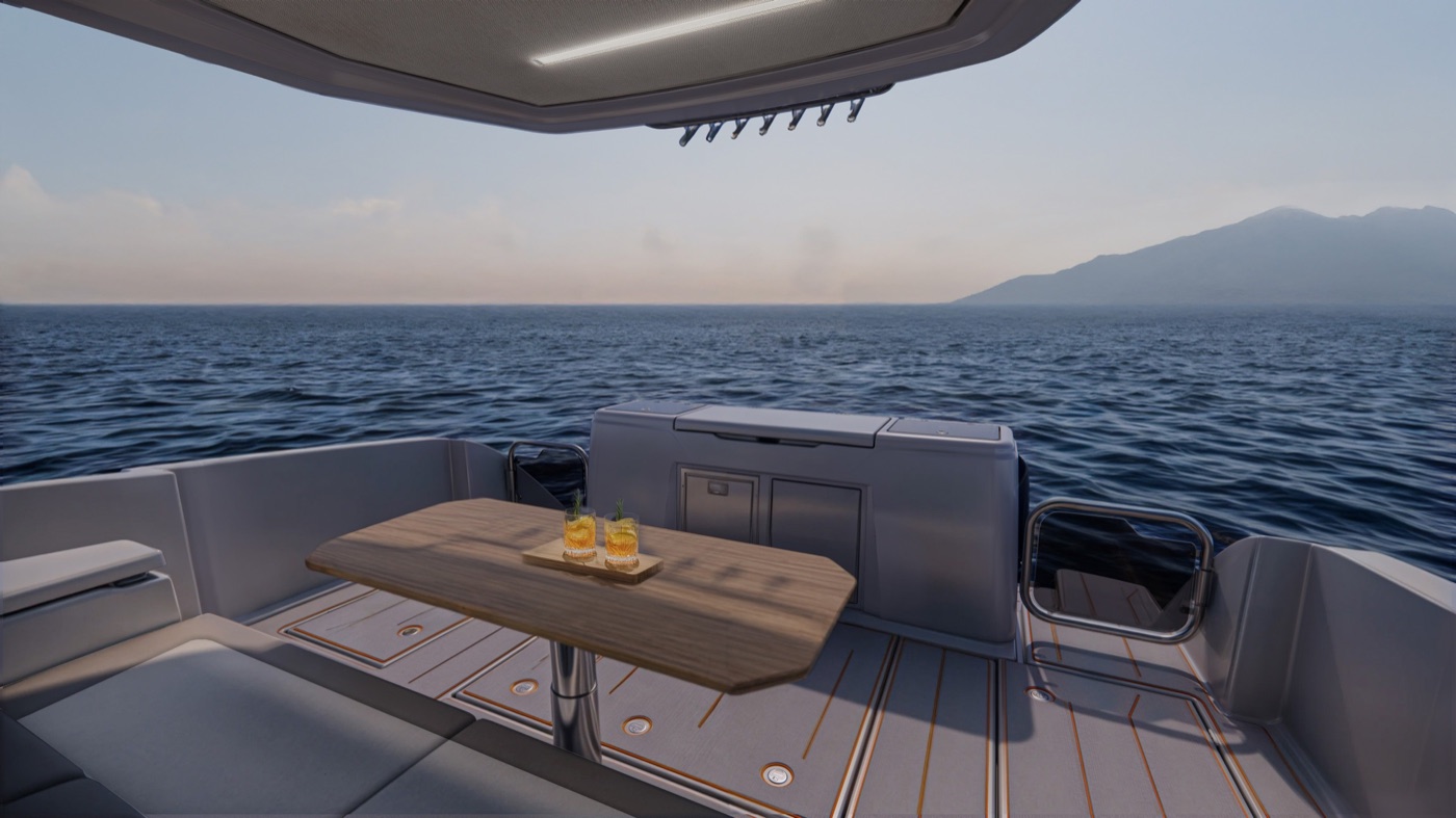 47FX aft open cockpit: table, wraparound settee and an unobstructed view to the sea, hardtop with rod holders