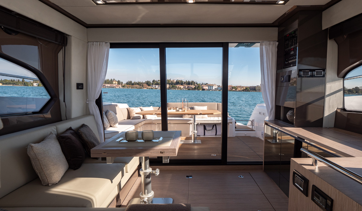 Open-plan living flowing from saloon to cockpit