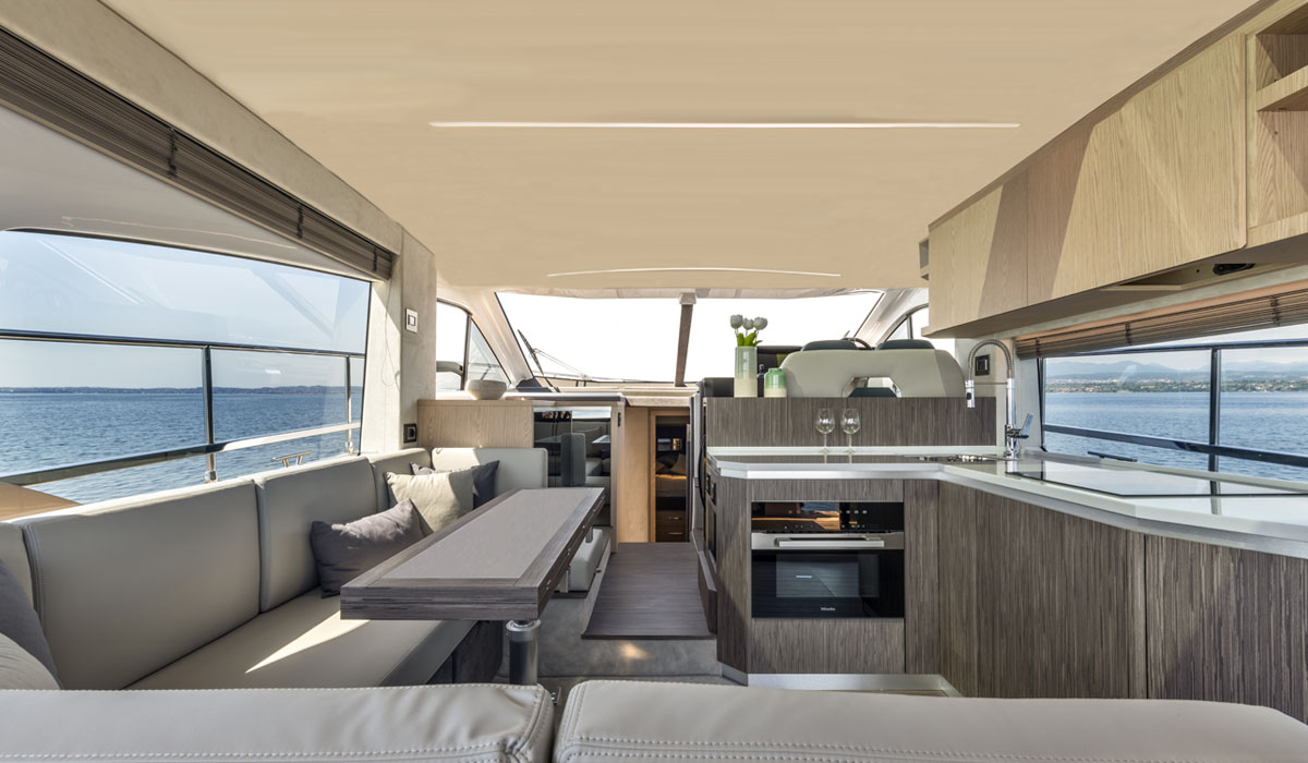 Fly 47 main salon and open galley