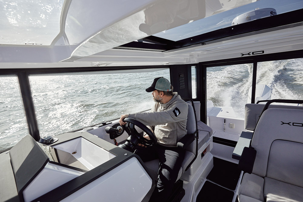 EXPLR 9 helm with the roof hatch open